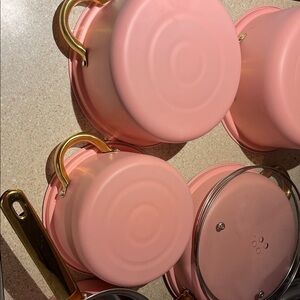Pink Cookware Set with Gold Handles very light but brand new never used